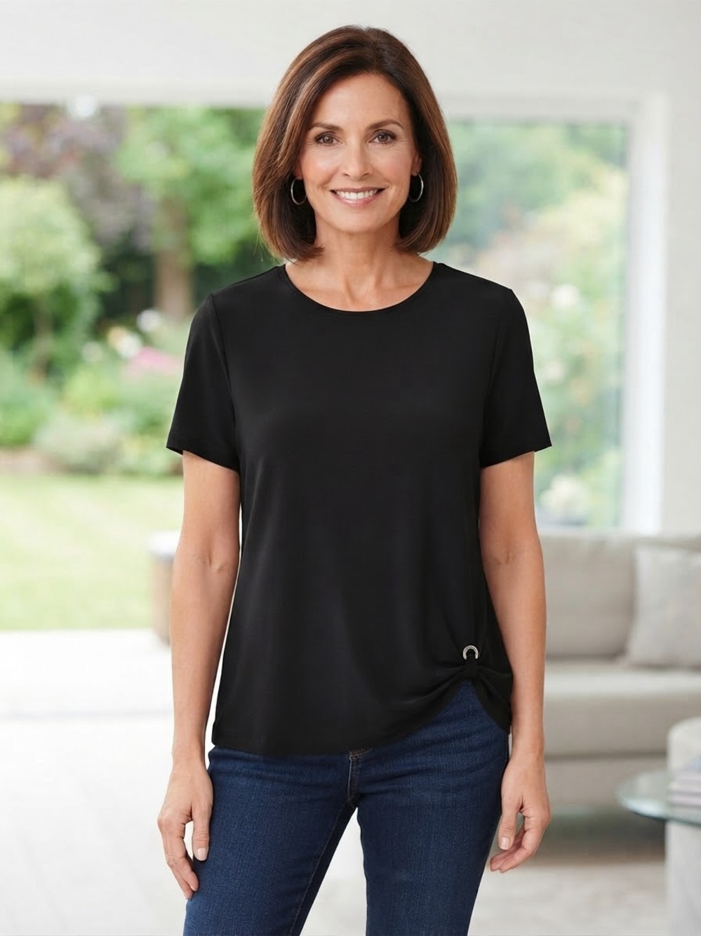Chico's Black Short-Sleeve Crewneck Top with Side Ring Detail